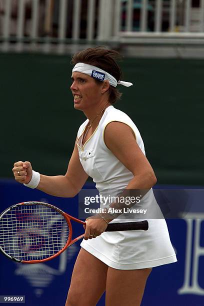 Miriam Oremans of Holland celebrates her 2-6, 6-4, 7-5 Semi- Final victory over Daniela Hantuchova of Slovakia in the DFS Classic at the Priory Club...
