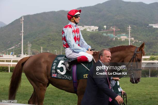 Jockey Hugh Bowman riding Red Cadeaux during Race 8 Audemars Piguet Queen Elizabeth II Cup at Sha Tin racecourse on April 26 , 2015 in Hong Kong.