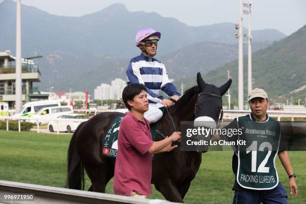 Jockey Olivier Peslier riding Packing Llaregyb during Race 8 Audemars Piguet Queen Elizabeth II Cup at Sha Tin racecourse on April 26 , 2015 in Hong...