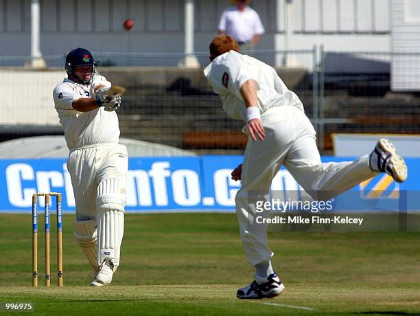 John Wood of Lancashire hooks Stephen Kirby of Yorkshire during the second day of the CricInfo County Championship, Division One match between...