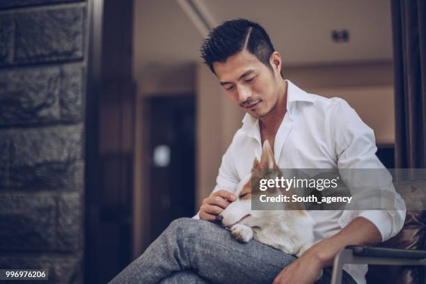 cão de exploração do homem - handsome asian guy - fotografias e filmes do acervo