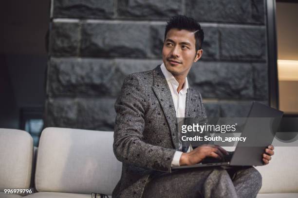atractivo hombre de negocios usando computadora portátil - south china fotografías e imágenes de stock