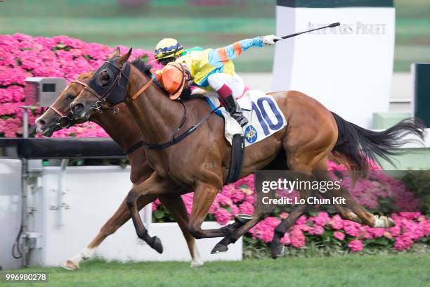 Jockey Karis Teetan riding Blizzard wins Race 10 Audemars Piguet Lady Jules Audemars Handicap at Sha Tin racecourse on April 26 , 2015 in Hong Kong.