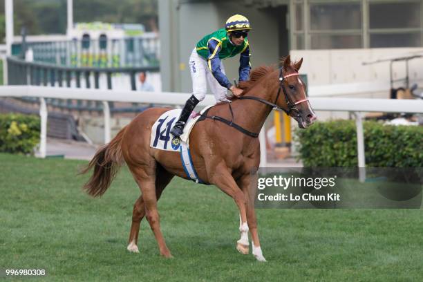 Jockey Karis Teetan riding Blizzard wins Race 10 Audemars Piguet Lady Jules Audemars Handicap at Sha Tin racecourse on April 26 , 2015 in Hong Kong.