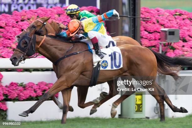 Jockey Karis Teetan riding Blizzard wins Race 10 Audemars Piguet Lady Jules Audemars Handicap at Sha Tin racecourse on April 26 , 2015 in Hong Kong.