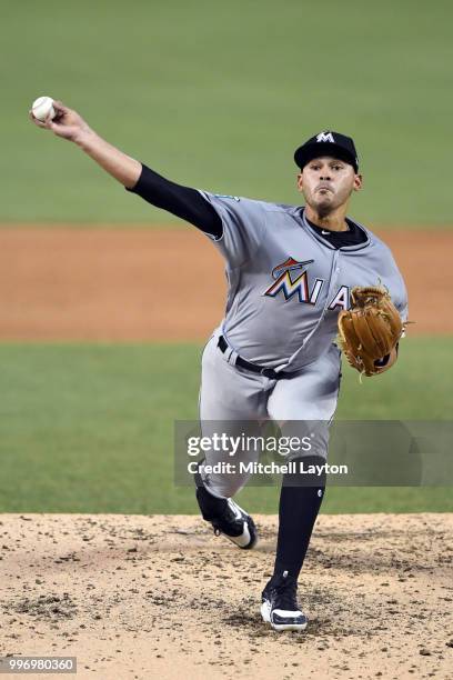 Martin Prado of the Miami Marlins takes a swing during a baseball game against the Washington Nationals at Nationals Park on July 5, 2018 in...