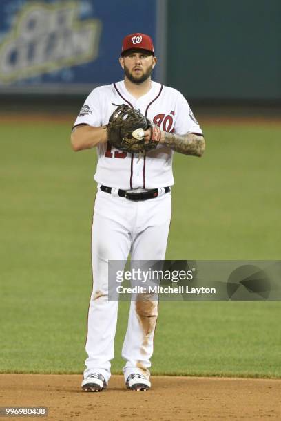 Matt Adams of the Washington Nationals looks on during a baseball game against the Miami Marlins at Nationals Park on July 5, 2018 in Washington, DC....