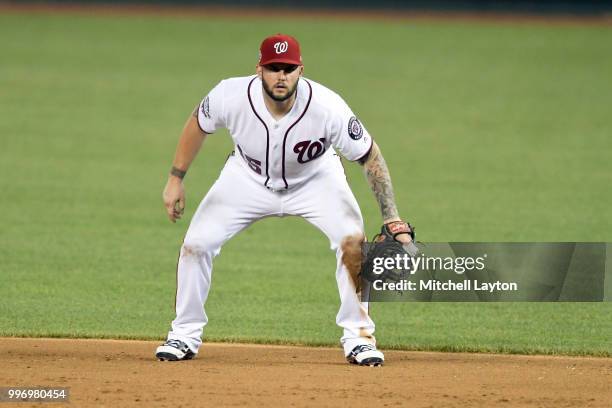 Matt Adams of the Washington Nationals in position during a baseball game against the Miami Marlins at Nationals Park on July 5, 2018 in Washington,...