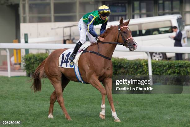 Jockey Karis Teetan riding Blizzard wins Race 10 Audemars Piguet Lady Jules Audemars Handicap at Sha Tin racecourse on April 26 , 2015 in Hong Kong.