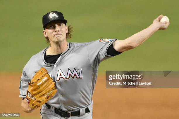 Adam Conley of the Miami Marlins pitches during a baseball game against the Washington Nationals at Nationals Park on July 5, 2018 in Washington, DC....