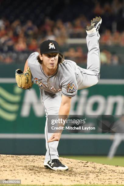 Dillon Peters of the Miami Marlins pitches during a baseball game against the Washington Nationals at Nationals Park on July 5, 2018 in Washington,...