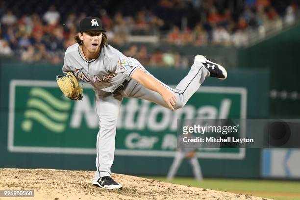 Dillon Peters of the Miami Marlins pitches during a baseball game against the Washington Nationals at Nationals Park on July 5, 2018 in Washington,...