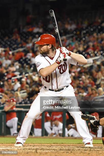 Daniel Murphy of the Washington Nationals prepares for a pitch during a baseball game against the Miami Marlins at Nationals Park on July 5, 2018 in...