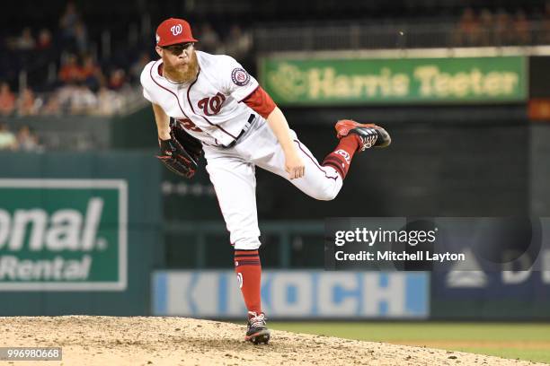 Sean Doolittle of the Washington Nationals pitches during a baseball game against the Miami Marlins at Nationals Park on July 5, 2018 in Washington,...