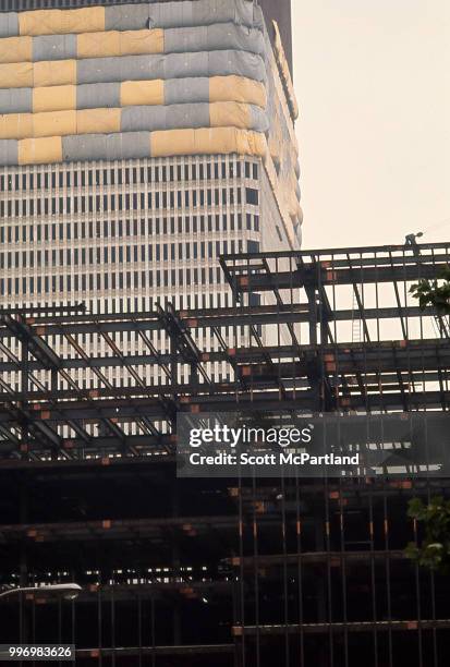 View from the ground of the under-construction north and south towers of the World Trade Center in downtown Manhattan, New York, New York, May 1,...