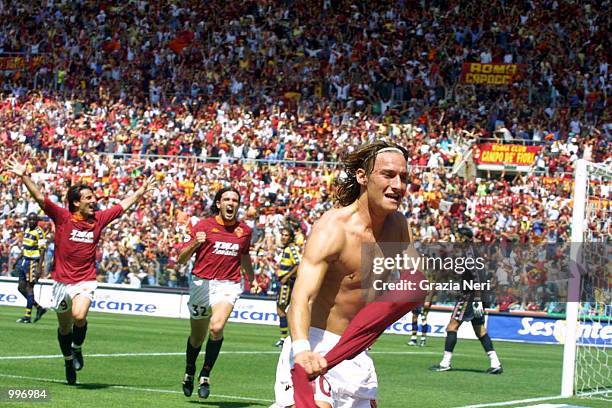 Francesco Totti of Roma celebrates after scoring during the Serie A 34th Round League match played between Roma and Parma, played at the Olympic...