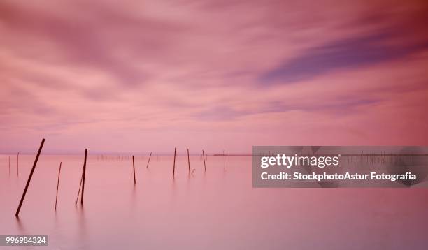 sea with sticks showing direction - fotografia stock-fotos und bilder