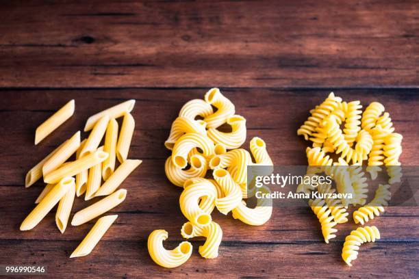 variety of types and shapes of dry italian pasta - fusilli, cavatappi and penne, top view. uncooked whole wheat italian pasta. image with copy space. - whole wheat penne pasta stock pictures, royalty-free photos & images