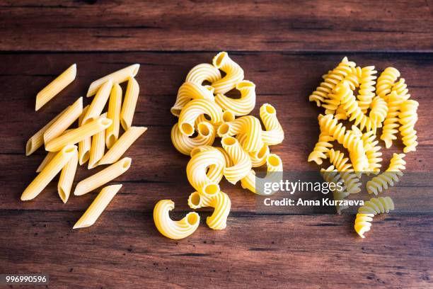 variety of types and shapes of dry italian pasta - fusilli, cavatappi and penne, top view. uncooked whole wheat italian pasta. image with copy space. - whole wheat penne pasta stock pictures, royalty-free photos & images