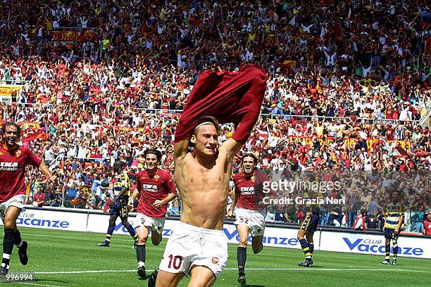 Francesco Totti of Roma celebrates after scoring a goal during the Serie A 34th Round League match played between Roma and Parma, played at the...