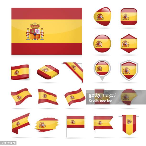 stockillustraties, clipart, cartoons en iconen met spanje - vlag icon glanzend vector set - spain flag