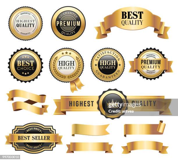 gold badges and ribbons set - horizontal badge stock illustrations