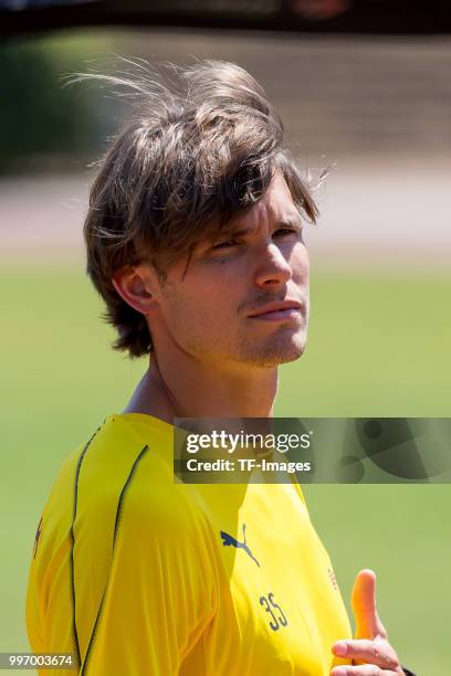 Goalkeeper Marwin Hitz of Dortmund looks on during a training session on July 7, 2018 in Dortmund, Germany.