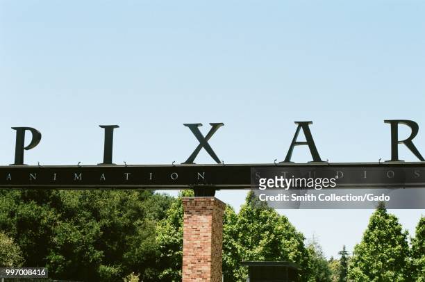 Close-up of sign at entrance gate of Pixar animation studios in Emeryville, California, June 12, 2018.