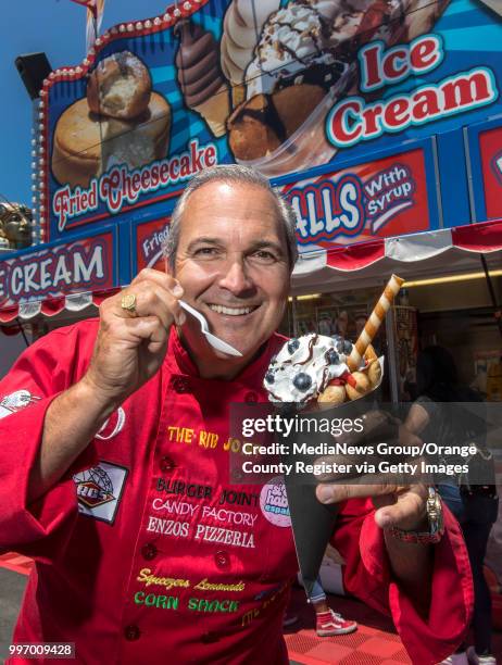 Dominic Palmieri, the Midway Gourmet, holds the Berry Delight Bubble Waffle Sundae at the San Diego County Fair in Del Mar on Wednesday, June 27,...