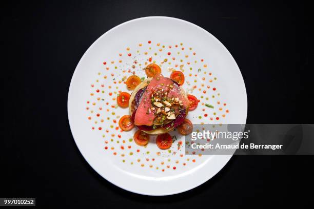 salmon turnip and beet millefeuille - gourmet stock pictures, royalty-free photos & images