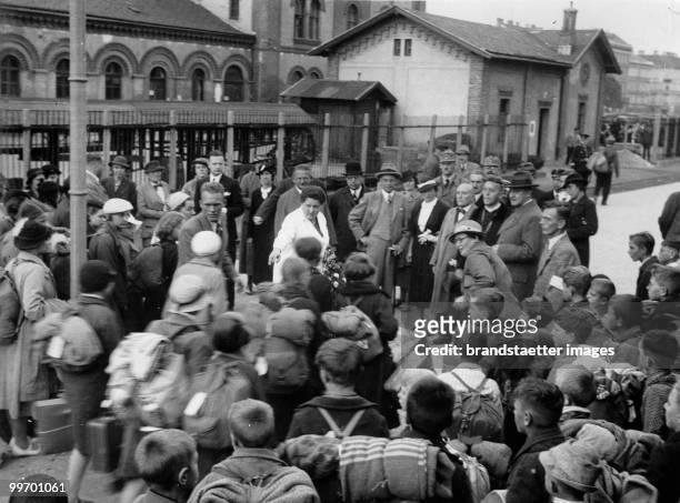Arrival of the children at the Vienna West-Station. Chlidren returning from Danmark where they spent recovery holidays. Photograph. Austria. Around...