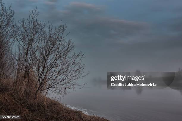 foggy night on the river - heinovirta stock-fotos und bilder