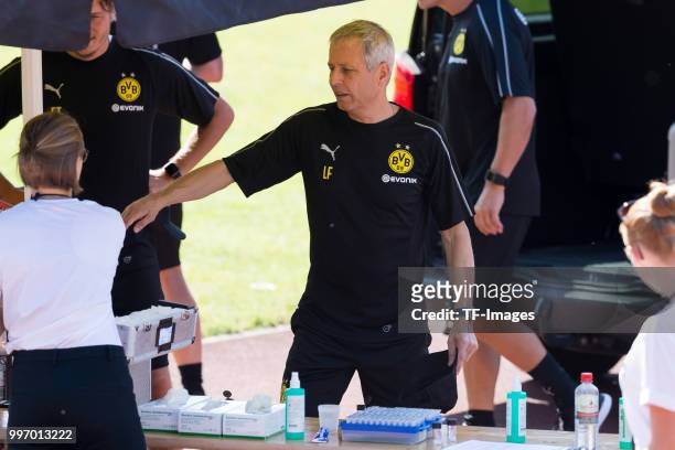 Head coach Lucien Favre of Dortmund gestures during a training session on July 7, 2018 in Dortmund, Germany.