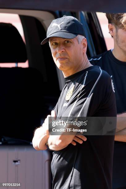 Head coach Lucien Favre of Dortmund looks on during a training session on July 7, 2018 in Dortmund, Germany.