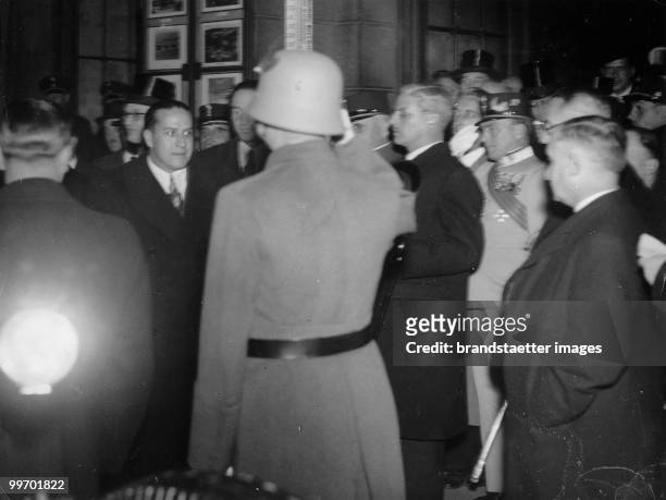 The italian foreign-minister in Vienna. Count Galeazzo Ciano leaving with Chancelor Dr. Schuschnigg the South-Station. Austria. Photograph. Around...