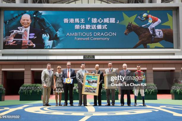 Jockey Douglas Whyte, HKJC CEO Mr Winfried Engelbrecht-Bresges, Chairman Dr Simon Ip, Ambitious Dragon’s Owners Mr Johnson Lam Pui Hung and Mr...