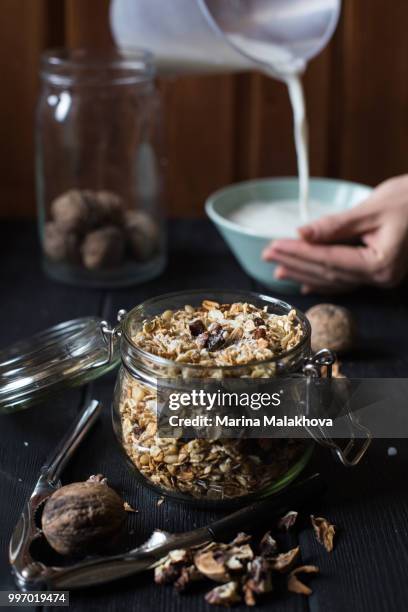 morning granola with milk - seafood salad stock pictures, royalty-free photos & images