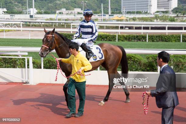 Jockey Joao Moreira riding Packing Eagle wins Race 6 Audemars Piguet Lady Royal Oak Offshore Handicap at Sha Tin racecourse on April 26 , 2015 in...