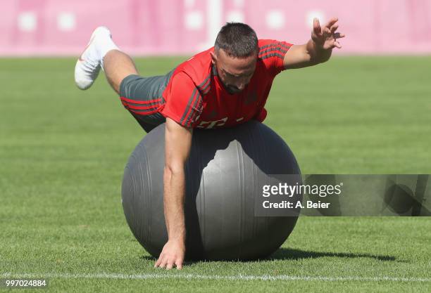 Franck Ribery of FC Bayern Muenchen practices during a training session at the club's Saebener Strasse training ground on July 12, 2018 in Munich,...