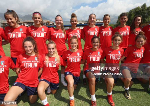 Italian players pose during the Italy women U19 photocall and training session on July 12, 2018 in Formia, Italy.