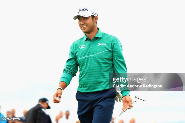 Hideki Matsuyama of Japan reacts to his putt on hole sixteen during day one of the Aberdeen Standard Investments Scottish Open at Gullane Golf Course...