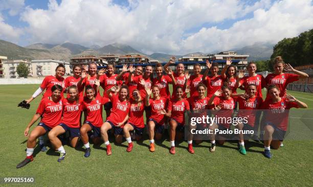 Italian players pose during the Italy women U19 photocall and training session on July 12, 2018 in Formia, Italy.