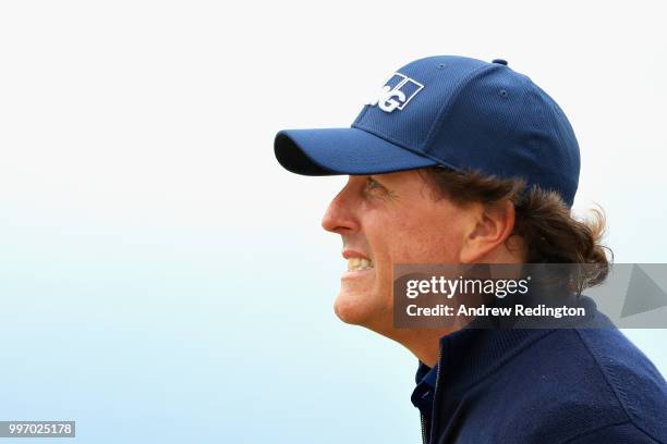 Phil Mickelson of USA looks on, on hole sixteen during day one of the Aberdeen Standard Investments Scottish Open at Gullane Golf Course on July 12,...