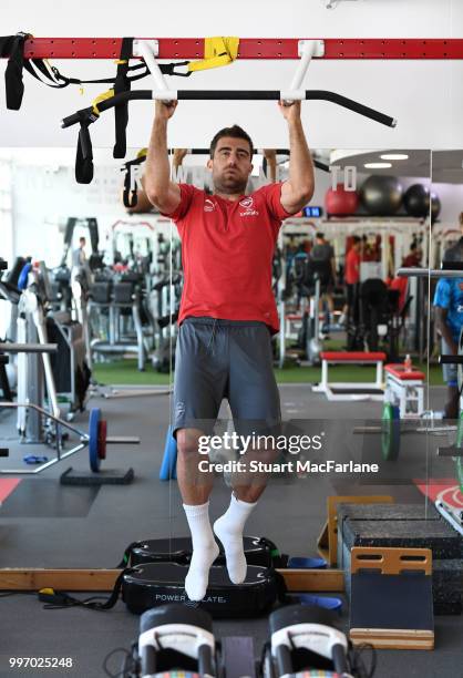 Sokratis of Arsenal during a training session at London Colney on July 12, 2018 in St Albans, England.