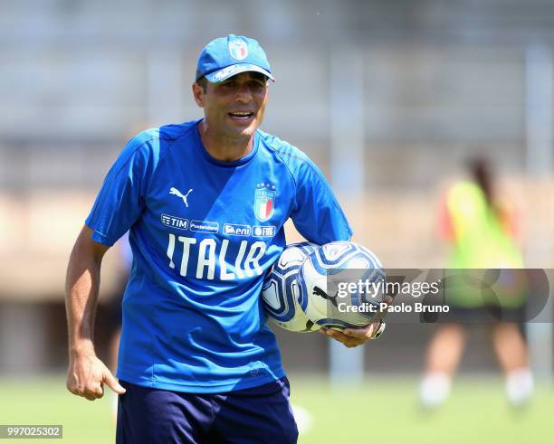 Italy U19 w head coach Enrico Sbardella looks on during the Italy women U19 photocall and training session on July 12, 2018 in Formia, Italy.