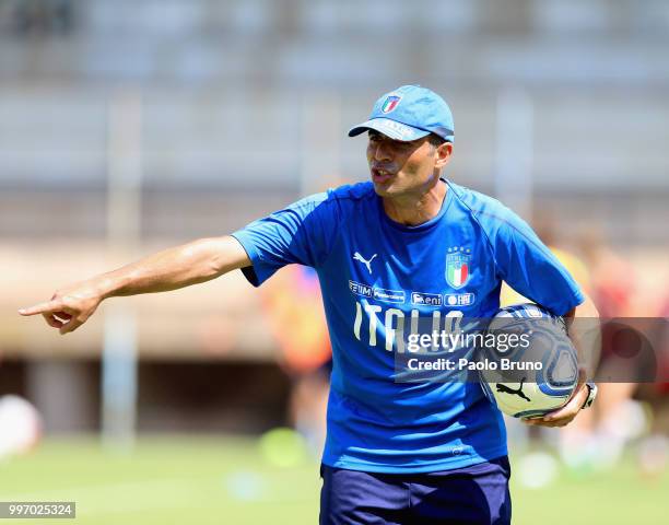 Italy U19 w head coach Enrico Sbardella gestures during the Italy women U19 photocall and training session on July 12, 2018 in Formia, Italy.