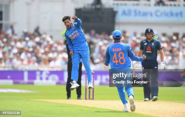 India bowler Kuldeep Yadav celebrates after dismissing Joe Root during the 1st Royal London One Day International match between England and India at...