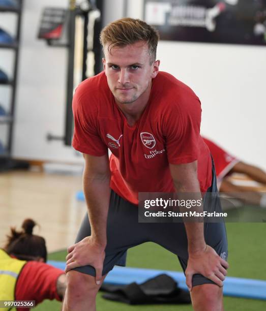 Rob Holding of Arsenal during a training session at London Colney on July 12, 2018 in St Albans, England.