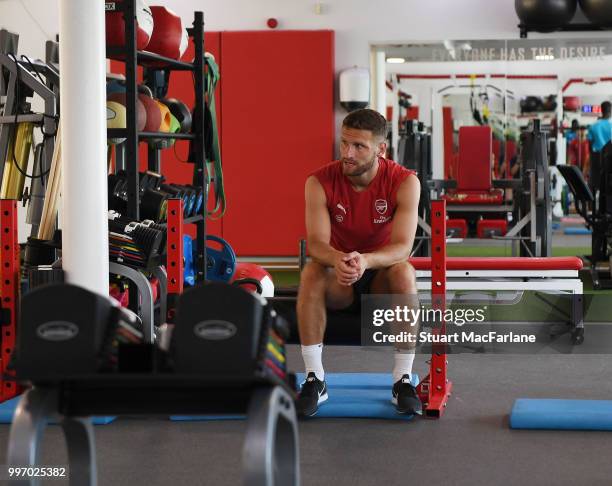 Shkodran Mustafi of Arsenal during a training session at London Colney on July 12, 2018 in St Albans, England.