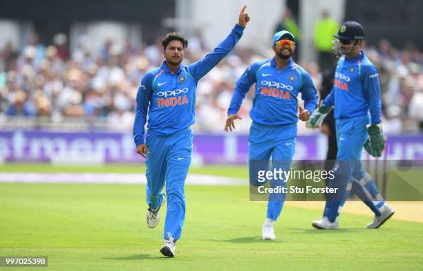India bowler Kuldeep Yadav celebrates after dismissing Joe Root during the 1st Royal London One Day International match between England and India at...
